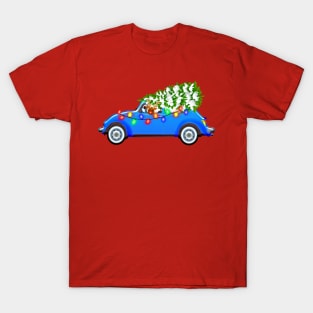 Merry Christmas Reindeer In Blue Car T-Shirt